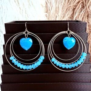 Vintage Silvertone, blue reflective bead heart shape pierced earrings